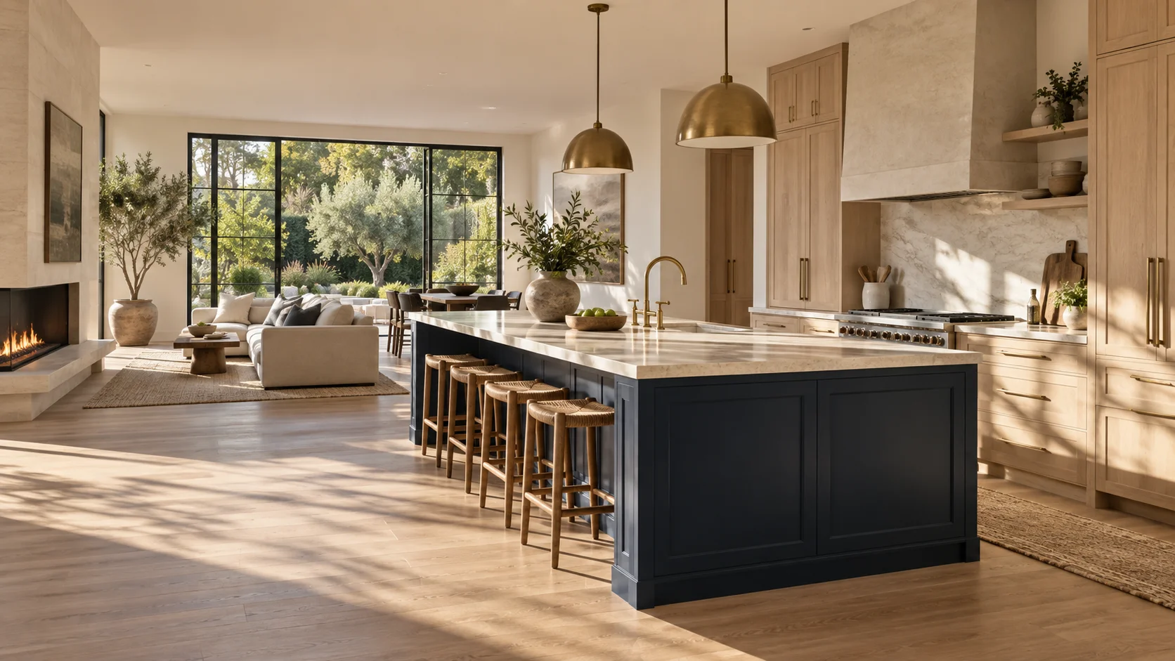 Kitchen with navy cabinetry and pale natural stone